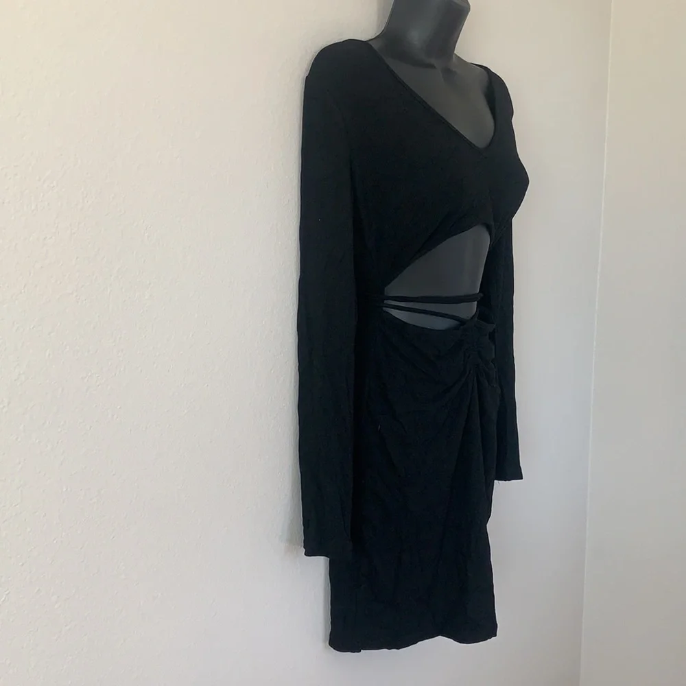 Princess Polly Noa Black Long Sleeve Ribbed Cut Out Criss Cross Tie Mini Dress - Picture 7 of 11